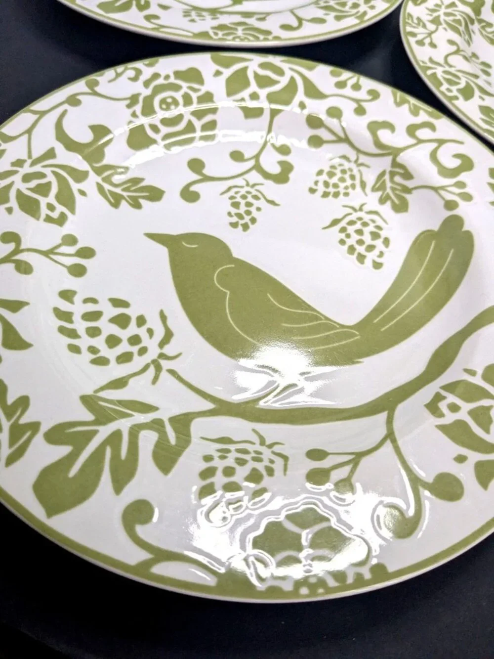 Pier 1 Imports Green Bird Stoneware 8” Luncheon Salad Dessert Plates Set Of 3